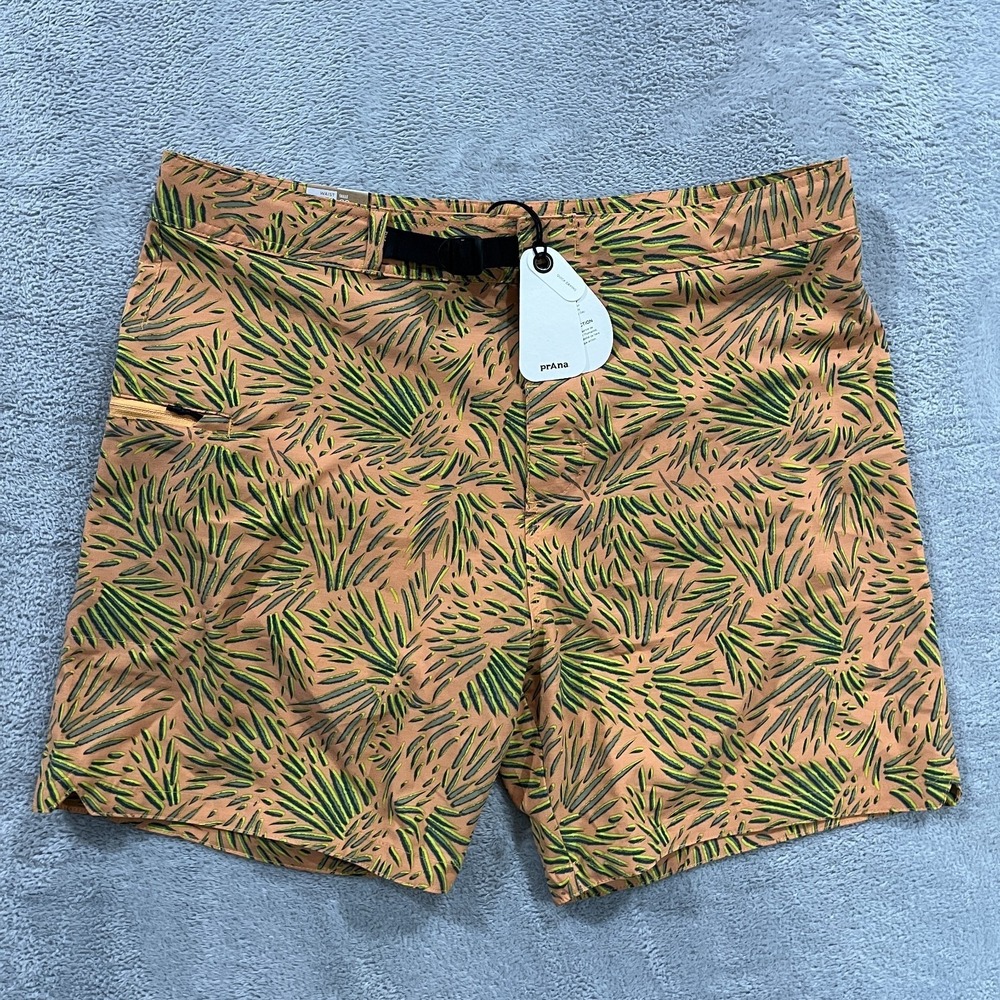 prAna Mens Rock Shock‎ Boardshort 35 Tropical Aura Glow Fronds 6" inseam Belted